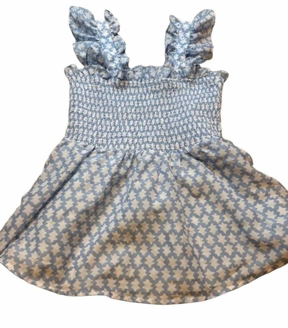 j.marie Blue and White Geometric Smocked Flutter Sleeve top